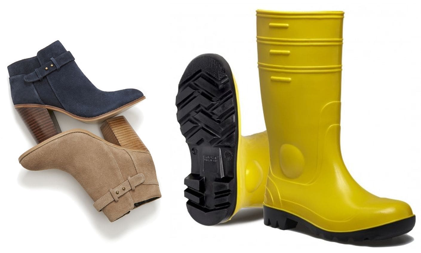 Gum boots and suede shoes