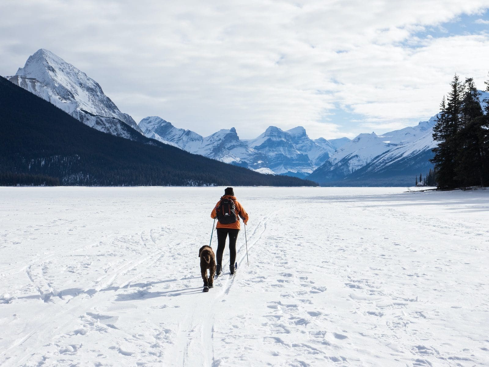 Canada travel person holding ski poles in the middle of snow during winter season