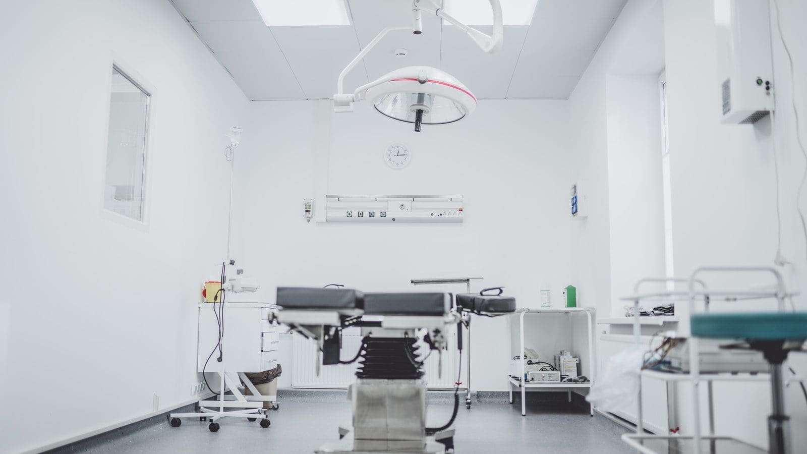 veterinary clinic black and white hospital bed in the middle of interior building
